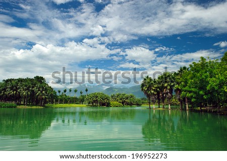 A tropical lake bordered by palm trees and bushes.