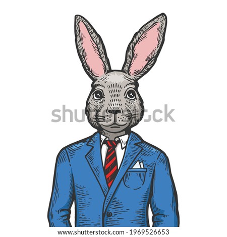 Rabbit hare businessman color sketch engraving raster illustration. Scratch board style imitation. Black and white hand drawn image.