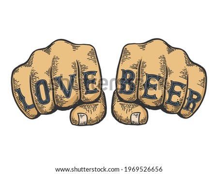 Love beer words tattoo on fists font color sketch engraving raster illustration. Scratch board style imitation. Black and white hand drawn image.