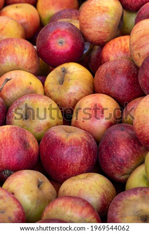 Fresh red apples in the market. Red apples in bulk. ripe red apples in a street market. Food background