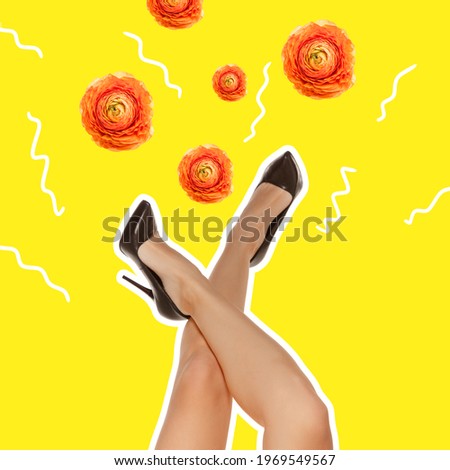 Slender tanned female legs isolated on yellow neon background. Contemporary art collage, modern design. Copy space for ad, text. Conceptual bright art collage. Party time, fun mood.