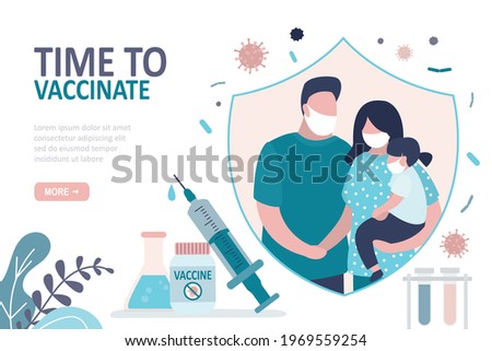 Young family protected from viruses. Parents and daughter wearing protective masks. Prevention from diseases. Syringe with medicine for covid-19. Time to vaccine. Homepage template.Vector illustration Royalty-Free Stock Photo #1969559254