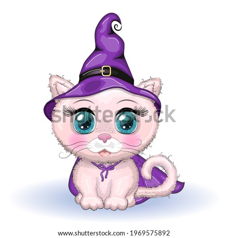 Cartoon cat wearing a purple witch hat and cloak. Halloween poster