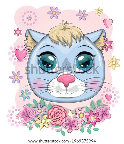 Cute cartoon blue cat, kitten on a background of flowers. Wild animals, character, childrens cute style.