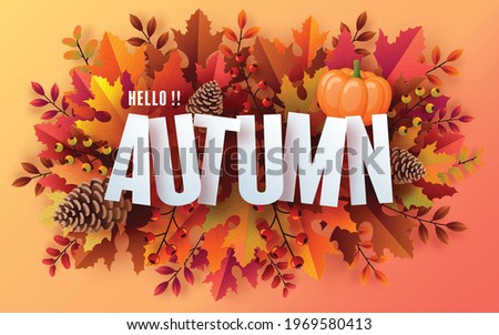 Autumn holiday seasonal background with colorful autumn leaves, mushrooms, golden pods, owl, twigs, squirrel and elements paper cut craft style on color background.