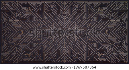 Vector abstract geometric golden background. Art deco wedding, party pattern, geometric ornament, linear style with leaves. Horizontal orientation luxury decoration element Royalty-Free Stock Photo #1969587364