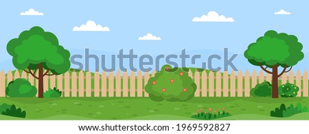 Banner with garden landscape. Trees, bushes, grass, flowers, lawn. Vector illustration in flat style.