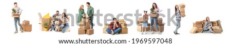 Different people with moving boxes on white background