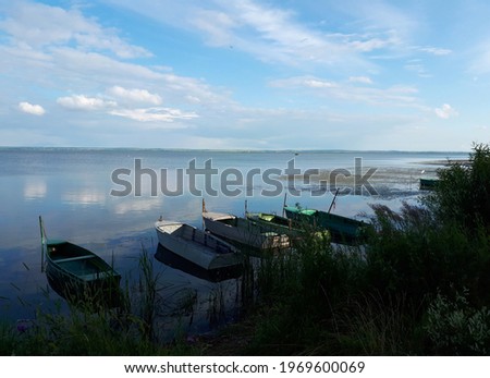 Summer landscape with lake and blue sky. Boats near the shore of the lake on a clear summer day. Boats on the water near the shore with tall green grass