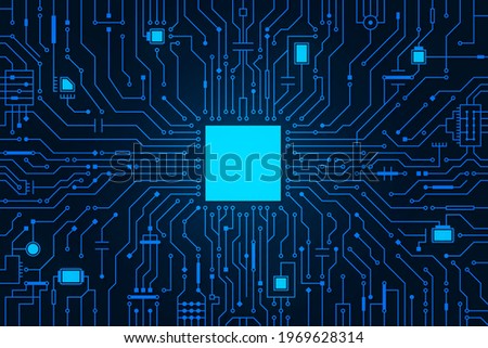 Circuit board background. CPU microchip, abstract conductor scheme and other circuit components. Computer motherboard, digital abstract background. Circuit board abstract technology background. Vector Royalty-Free Stock Photo #1969628314