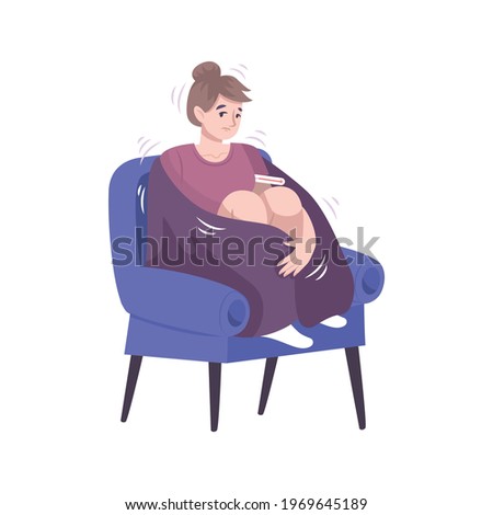 Colds symptoms composition with flat human character of sitting woman having fever vector illustration