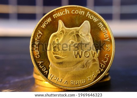 Cryptocurrency Dogecoin on table and digital currency money concept Royalty-Free Stock Photo #1969646323