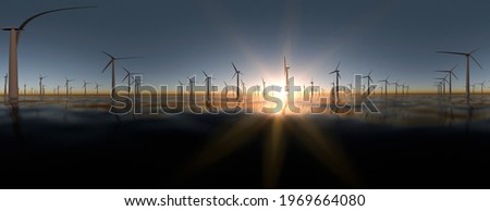 Large off shore wind farm at sunset panoramic 3d render Royalty-Free Stock Photo #1969664080