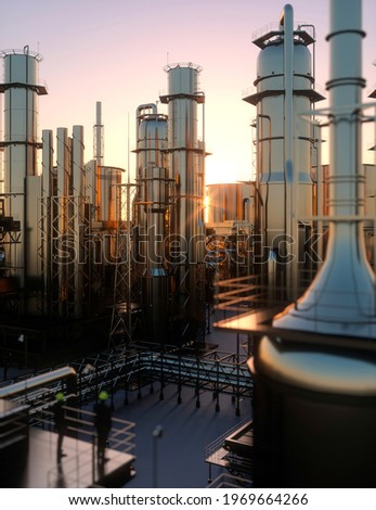 Technicians supervisor looking out onto an oil refinery at sunset with pipes and steel 3d render