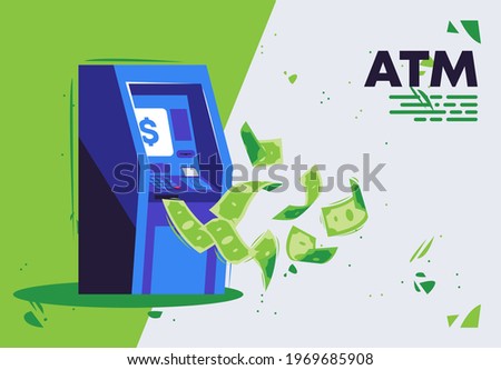 Vector illustration of an ATM with cash paper money flying in the air Royalty-Free Stock Photo #1969685908