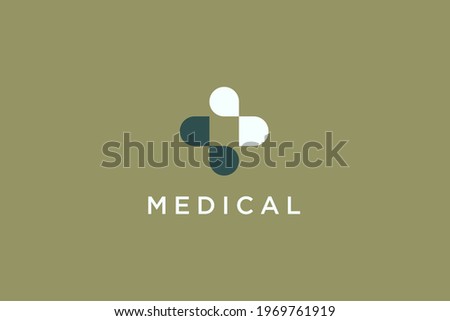 Medical Logo. Modern Healthcare Symbol Pharmacy Icon. Green and White Geometric Shapes Cross Sign Cutout Style isolated on Green Background. Flat Vector Logo Design Template Element.