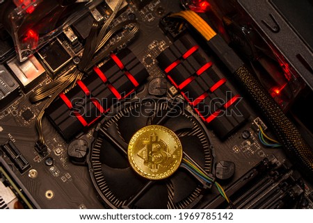 Bitcoins and New Virtual money concept. Gold bitcoins with Candle stick graph chart and digital background. Golden coin with icon letter B. Mining or blockchain technology

