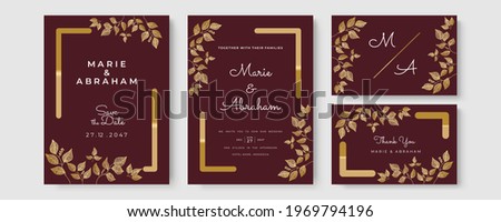 Wedding invitation template. Set of card with foliage line art, botanical leaves. Wedding ornament concept. Floral poster, invite. Vector decorative greeting card or invitation design background