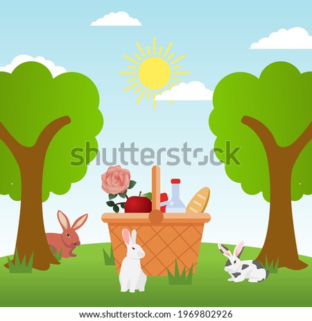 Three rabbits and one food basket picnic vector design illustration