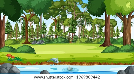 River flow through the forest scene at day time illustration