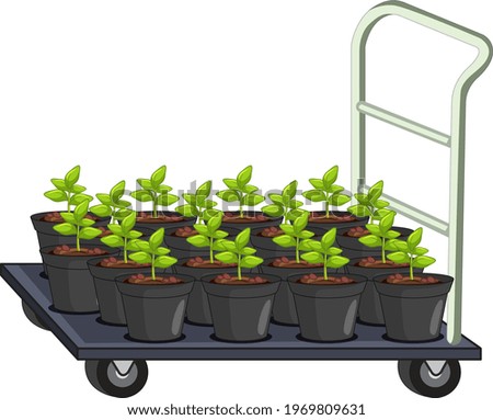 Many plant pots on garden cart isolated illustration