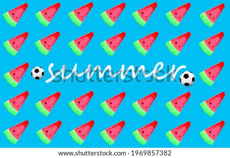 Made design summer concept composition with water melon ice cream frame on light cyan background, stock photo, flat lay, top veiw, foods