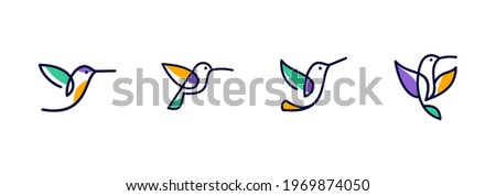abstract colorful hummingbird vector line art, colibri wall art design, minimal bird line logo icon illustration isolated on white background Royalty-Free Stock Photo #1969874050