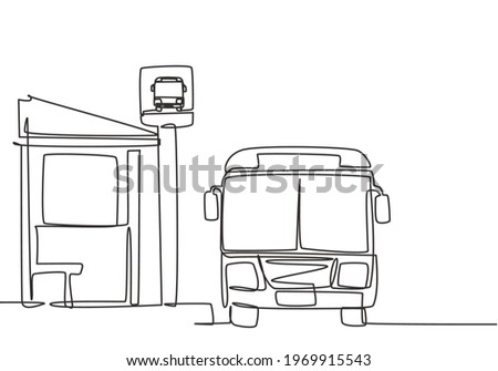 Single one line drawing of bus stop with shelter, simple bus sign and a bus waiting for passengers to get on and off, then continue the journey. Continuous line draw design graphic vector illustration