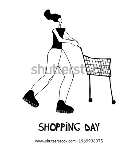 Vector illustration. Woman shopping with shopping cart. Cartoon character.