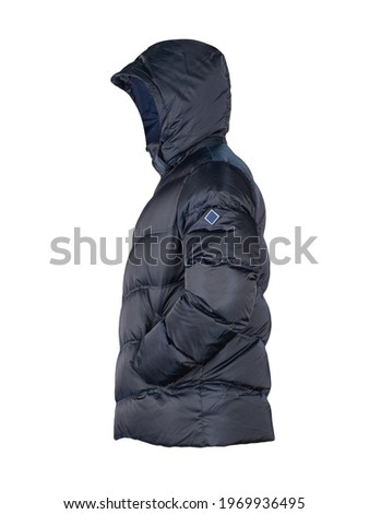 mens dark blue down down  jacket with hood  isolated on white background. fashionable clothes for every day