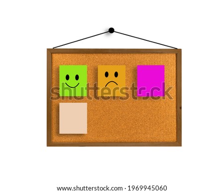 cork board wooden frame on white background  with cartoon face on notepaper.                          