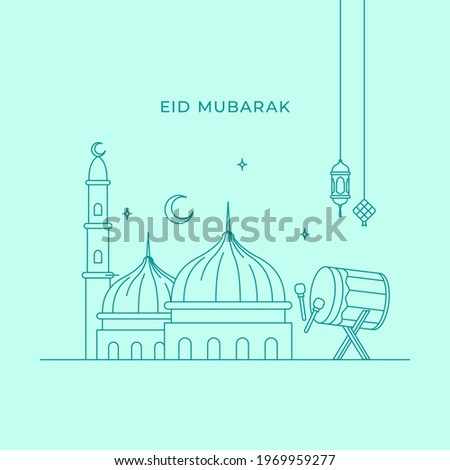 Eid mubarak monoline landscape  design with great mosque adzan drum and hanging lantern lamp vector illustration