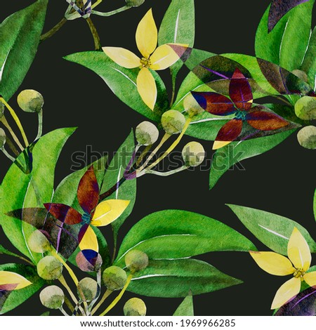 Watercolor laurel branch seamless pattern.Image on a white and colored background.
