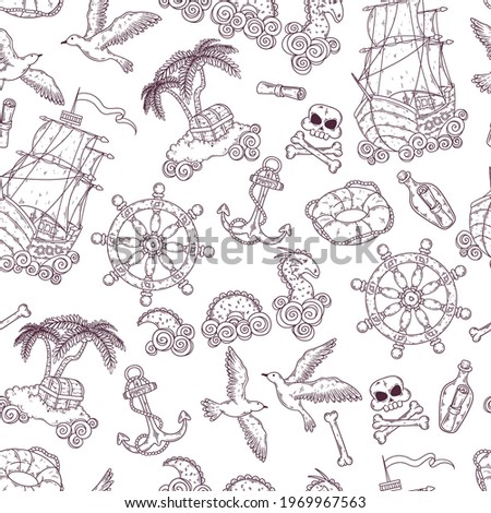 Hand drawn sea journey pattern Vector. Isolated objects for your design. Each object can be changed and moved.