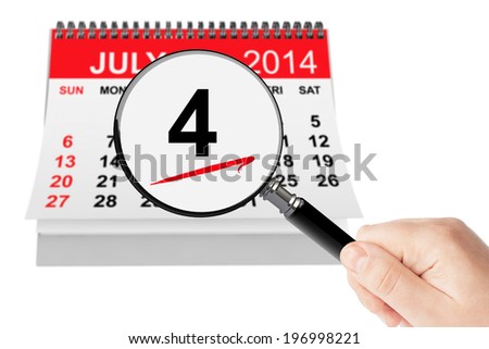 American Independence Day Concept. 4 July 2014 calendar with magnifier on a white background