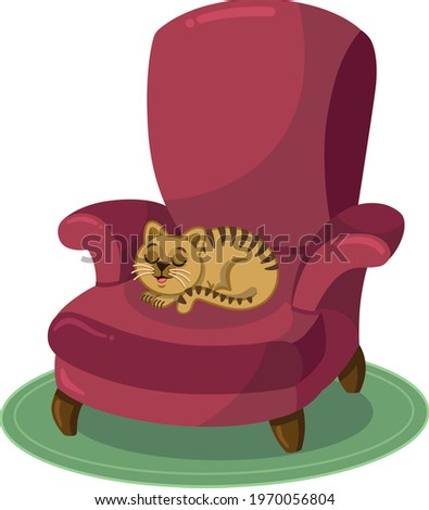 Domestic cat is resting on the armchair. Vector illustration.