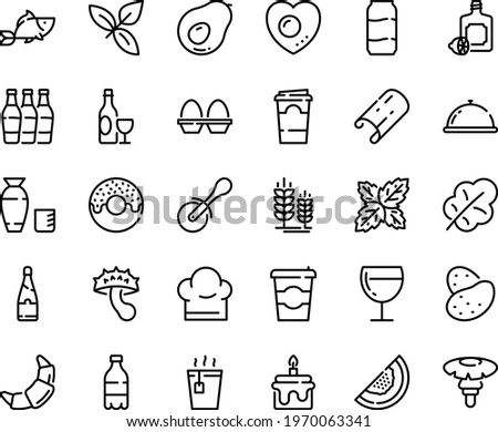 Food line icon set - coffee to go, dish dome, milk bottle, donut, hot tea, fish, rice vodka, basil, pizza roll knife, lemoncello, wine, spike, croissant, glass, chef hat, egg stand, love, champagne