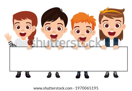 Happy cute kid boy and girl characters standing and holding placard white board and waving
