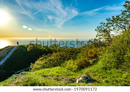 Silhouette of a happy woman at sunset, relaxing with her dog on the hills.
