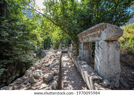 Ruins of Olympos (Olympus) Ancient City. Cirali beach. Antalya, Turkey. Travel and tourism background.