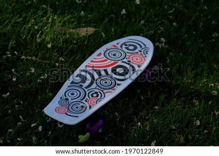 
horizontal photograph of a skateboard on the grass