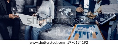 Double exposure Concept. Group of business people working with documents and laptop and network connection on virtual screen, Digital marketing online concept.