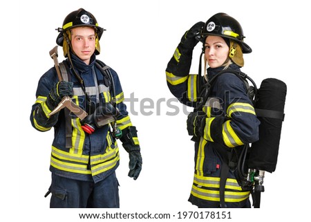Young caucasian man and woman in uniform of fireman posing in profile with Air Cylinder Assembly on her back isolated on white background. 