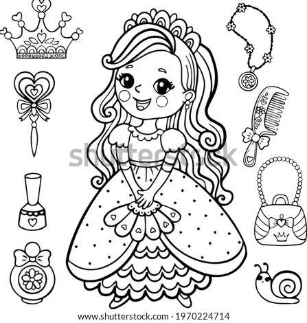 Beautiful princess girl with accessories.Royal beautiful princess girl .Vector illustration on a white background.