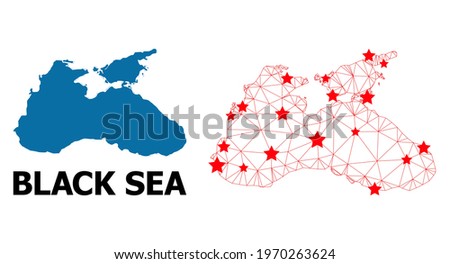 Wire frame polygonal and solid map of Black Sea. Vector structure is created from map of Black Sea with red stars. Abstract lines and stars form map of Black Sea. Royalty-Free Stock Photo #1970263624