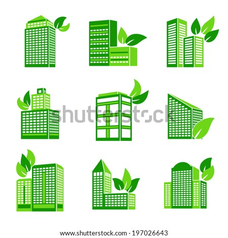Business modern urban office green leaves eco buildings icons isolated  illustration
