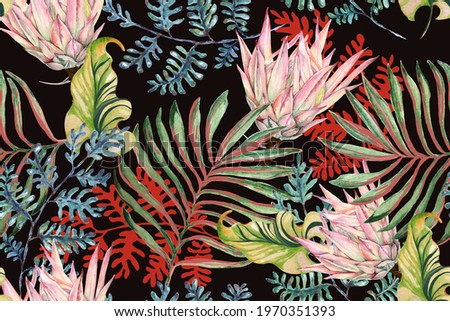Seamless pattern of protea painted in watercolor background.Designed for fabric luxurious and wallpaper, vintage style.Hand drawn botanical floral pattern.Wild flower pattern background for summer.