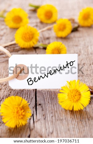 Yellow Flowers with the Italian Word Benvenuto which means Welcome