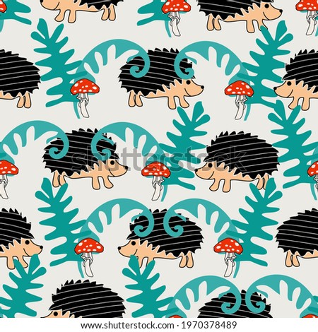 seamless pattern with cartoon hedgehog, mushroom and plants,  vector design for paper, fabric and other surface.