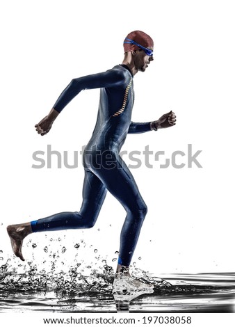 man triathlon iron man athlete swimmers swimmers running in silhouette on white background